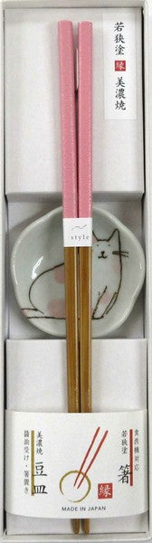 日本製天竹筷子&貓咪醬油碟禮盒套裝 粉紅色 (預訂)