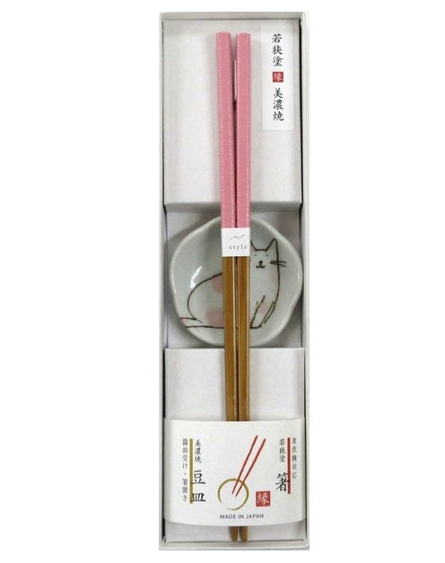 日本製天竹筷子&貓咪醬油碟禮盒套裝 粉紅色 (預訂)