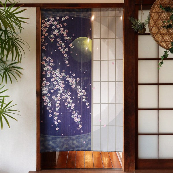 日本製 85 x 150cm 麻布門簾 (夜櫻)