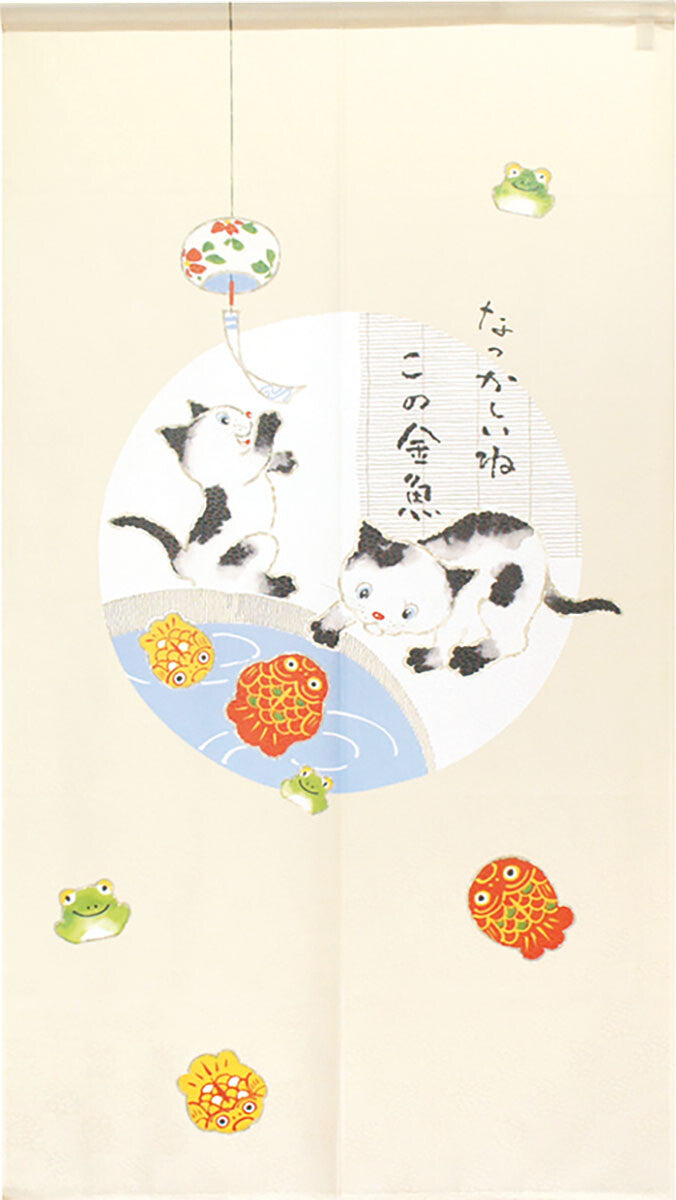 日本製 85 x 150cm 麻布門簾 (小貓, 風鈴及金魚)