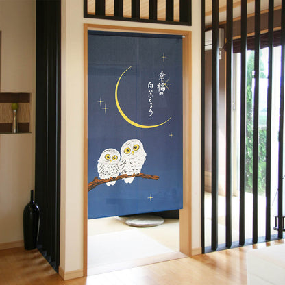 日本製 85 x 150cm 麻布門簾 (白色貓頭鷹)